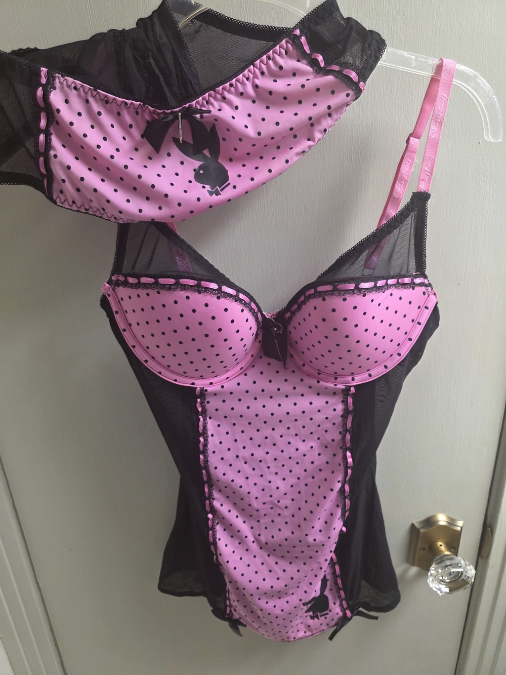PlayBoy Pink & Black Polka Dot Women's Bustier Bodysuit And Bottom Set